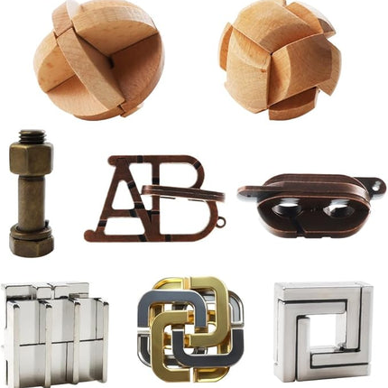 8PCS Brain Teaser Puzzles for Adults, Mind Puzzle Ancient Wooden and Metal Puzzles 3D Unlock Interlock IQ Education Puzzle Box Game for Adults