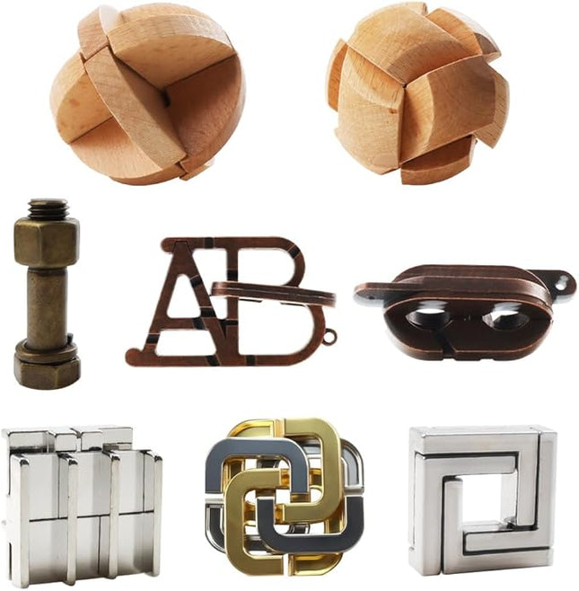 8PCS Brain Teaser Puzzles for Adults, Mind Puzzle Ancient Wooden and Metal Puzzles 3D Unlock Interlock IQ Education Puzzle Box Game for Adults
