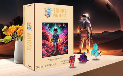 Wooden Jigsaw Puzzle for Adults - Challenging 300 Piece Puzzle with Cool Shapes - Astronaut Space Planet Puzzle Art - Paranormal Collection (Galactic Groove)