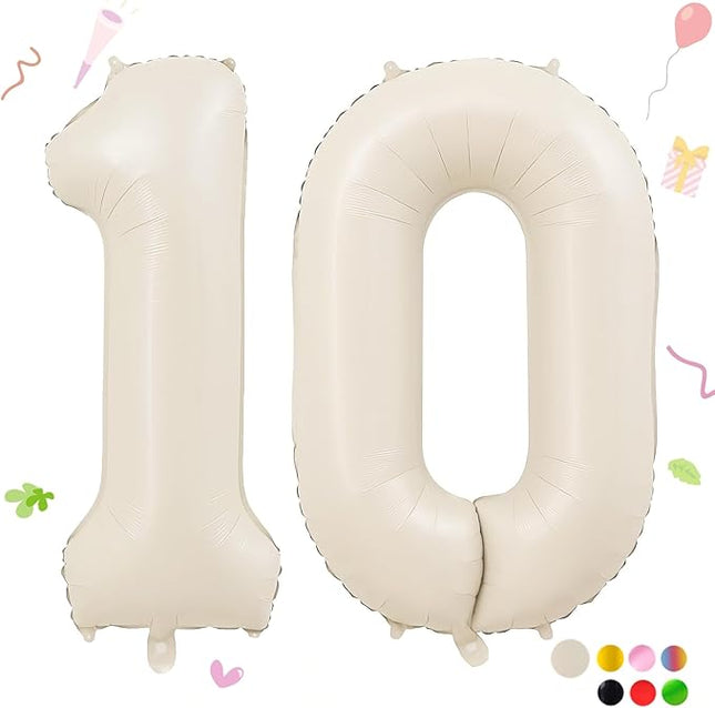 Smlpuame 40 Inch Beige Number 10 Balloons for 10th Birthday Decorations Boys Girl, Giant Self-Sealing Cream Foil Number 0-10 White Sand Balloon for Women Men Party Anniversary Baby Shower Supplies