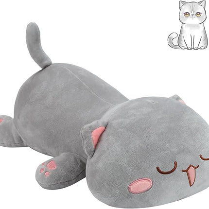 AFAN Cat Stuffed Animals Plush Cute Soft Cat Plush Pillow Toys Kawaii Plushies Room Decor Gifts for Kids Girls Boys (Squinted Eyes, Grey, 25.9 Inch)
