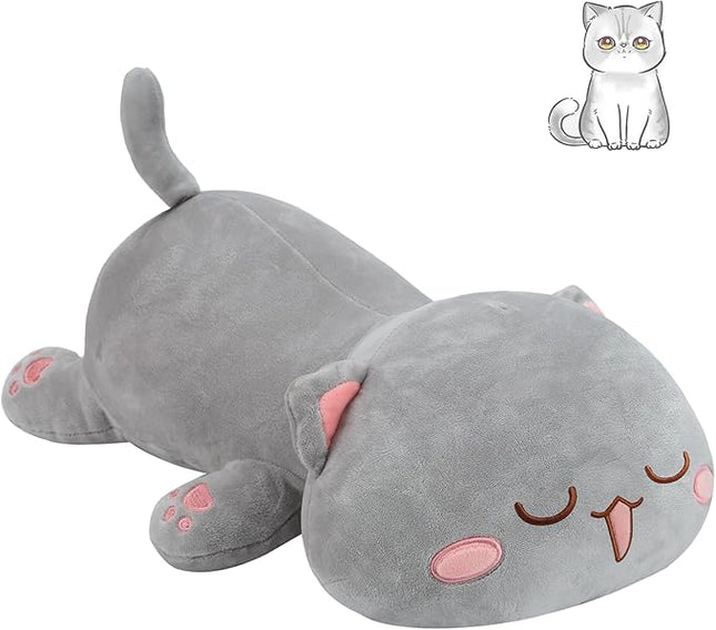 AFAN Cat Stuffed Animals Plush Cute Soft Cat Plush Pillow Toys Kawaii Plushies Room Decor Gifts for Kids Girls Boys (Squinted Eyes, Grey, 25.9 Inch)