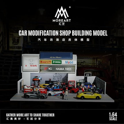 Car Modification Shop Lot Scene Diorama 1:64 Scale with LED Lighting – Diecast Display Garage for Hot Wheels, MiniGT, Matchbox – Dimensions: 30x30x14 cm