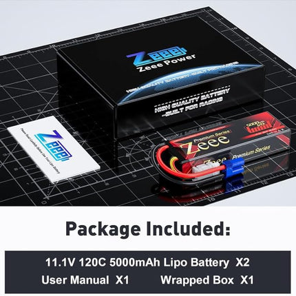 Zeee Premium Series 3S Lipo Battery 5000mAh 11.1V LCG Hard Case Batttery Height 25mm 120C with EC5 Connector for RC Car Truck Tank Racing Hobby (2 Pack)