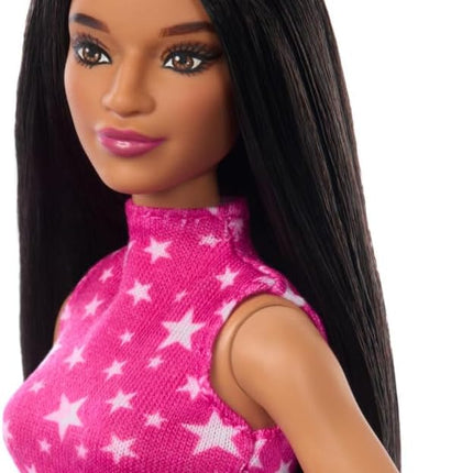 Barbie Fashionistas Doll #215 with Black Straight Hair, Pink Star-Print Top & Iridescent Skirt, 65th Anniversary Collectible Toy