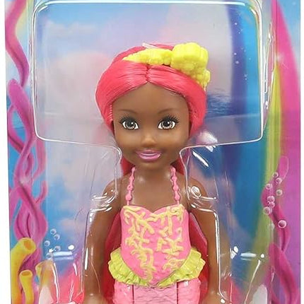 Barbie Dreamtopia Chelsea Mermaid Doll with Coral-Colored Hair & Tail, Royal Headband Accessory, Small Doll Bends at Waist