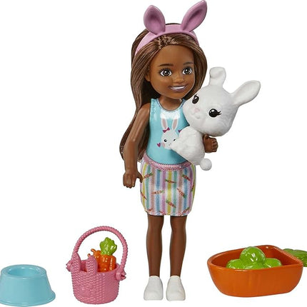 Barbie Chelsea Doll (Brunette) with Pet Bunny & Storytelling Accessories Including Pet Bed, Bunny Treats & More, Toy for 3 Year Olds & Up
