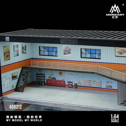 1:64 Scale Container Repair Shop Diorama with LED Lighting and Acrylic Cover – Model Car Garage for Hot Wheels, MiniGT, Matchbox – Workshop Display Case – 38.7x16.5x16.5 cm