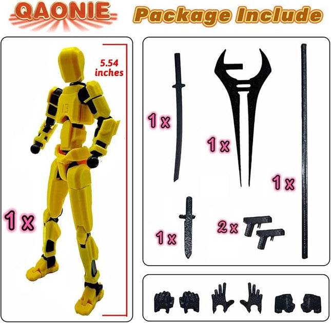 3D Printed 5.54-inch Multi-Jointed Action Figures Dummy13, Full Body Mechanical Movable Toy, Multiple Accessories, Hand Painted Figure, Desk Decoration, Creative Gifts (Bright Yellow)