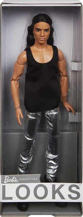 Barbie Signature Looks Ken Doll (Long Brunette Hair) Fully Posable Fashion Doll Wearing Black Tank Top & Metallic Pants, Gift for Collectors