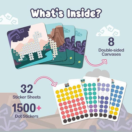 BINCA Dotties Dot Art Activity Kit, 1500+ Stickers, 8 Dinosaurs Mess-Free Activities, DIY Dot Sticker Art for Toddlers, Kids Travel Activities, Craft Kits & Gifts for Girls Ages 4,5,6,7