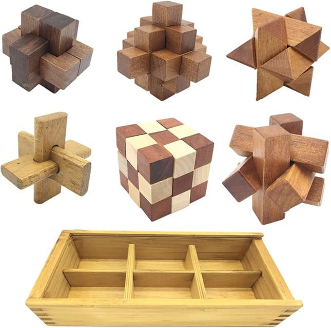 Guaishou 6-in-One 3D Luxury Wooden Brain Puzzle Teaser Kongming Lock for Teens and Adults Includes Storage Box