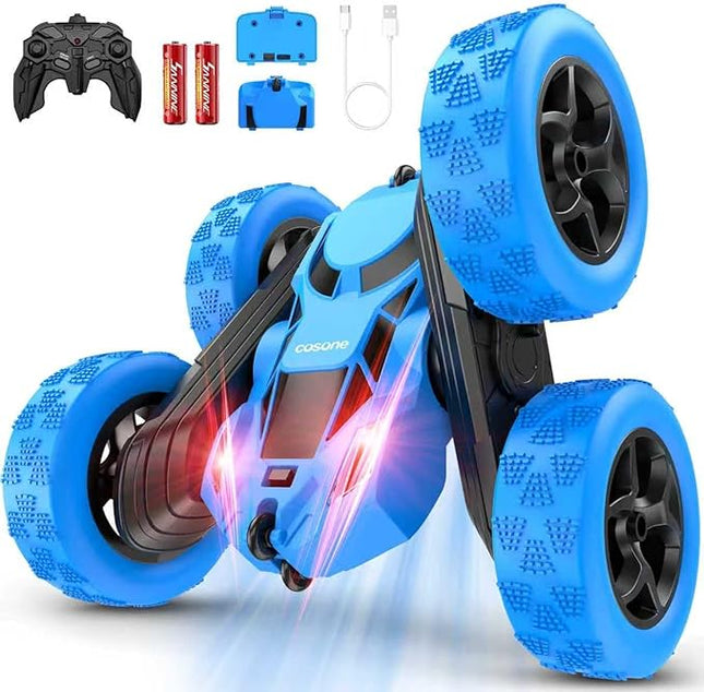 Remote Control Car, RC Cars Toys for Kids Ages 6-12, 4WD Stunt Car with LED Lights & 360° Flips, 2.4GHz, Upgraded USB-C Modular Batteries, 6-10 Year Old Boys Birthday Gift - Blue