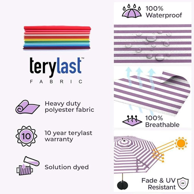 The Wooden 10 Feet Outdoor Umbrella With Terylast Midtown Stripes (Purple/White Stripes) Polyester Fabric - Aluminum Frame Patio Umbrella With Push System For Deck, Garden, Pool - Wooden Pole