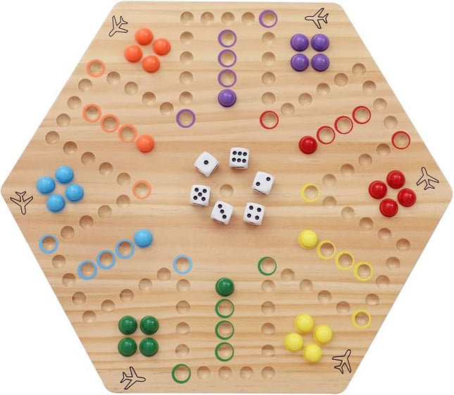 HOROW Wahoo Board Game Wooden Original Board Game 15 inch Classic 2 Side Painted Fast Track Game for 4 Player and 6 Player with 30 Marbles,6 Dices for Family Game Night