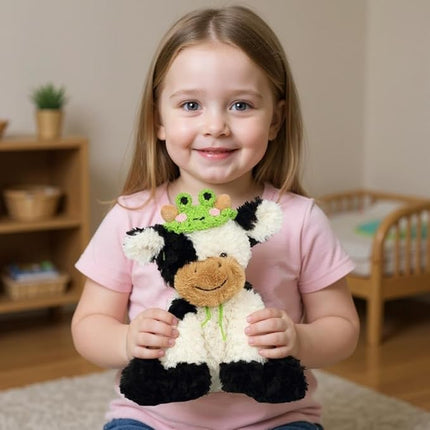 Hopearl Adorable Plush Cow Toy with Cute Tiny Knitted Frog Hat Floppy Dairy Cattle Soft Stuffed Animal Gifts for Boys Girls Kids Toddlers, 9''