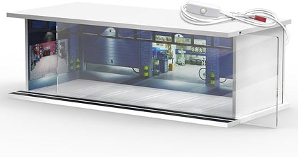 1/64 Scale Diecast Display Case for Hot Wheels Matchbox Cars, Toy Car Model Mini Garage with LED Light and Acrylic Cover, Stackable Parking Lot Diorama Storage for Collection Present