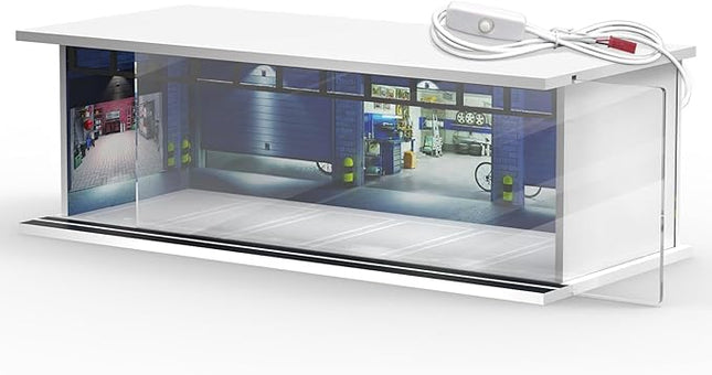 1/64 Scale Diecast Display Case for Hot Wheels Matchbox Cars, Toy Car Model Mini Garage with LED Light and Acrylic Cover, Stackable Parking Lot Diorama Storage for Collection Present