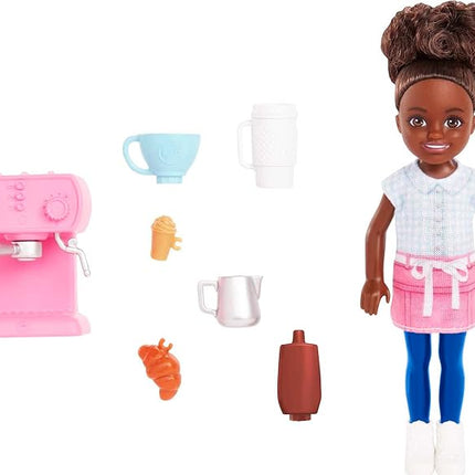 Barbie Chelsea Can Be Playset, Brunette Barista Small Doll with Removable Outfit & 7 Career Accessories Including Coffee Maker