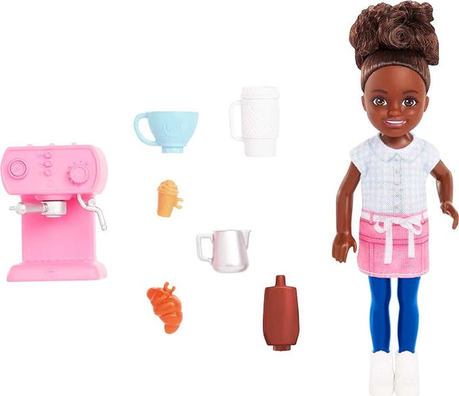 Barbie Chelsea Can Be Playset, Brunette Barista Small Doll with Removable Outfit & 7 Career Accessories Including Coffee Maker