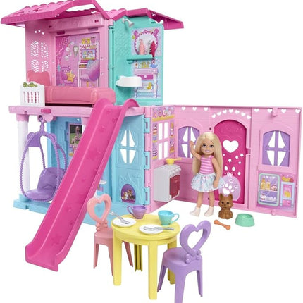Barbie Chelsea Toy Dollhouse with 15+ Accessories, Pop-Up House Expands to 17+ x 13+ inches with 5 Play Areas & Slide, Includes Small Doll & Pet Dog