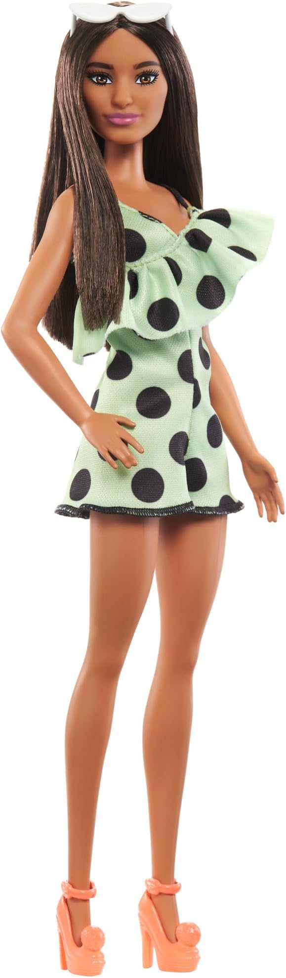 Barbie Fashionistas Doll #200 with Brunette Hair, Green Polka Dot Romper & Accessories Including Orange Heels & Sunglasses