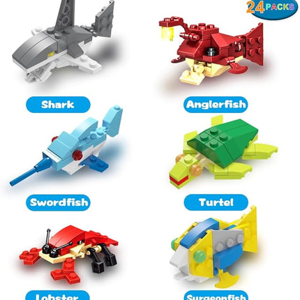 WODMAZ Valentines Day Cards with Sea Animal Building Blocks, 24 Packs Valentine Gift Ocean Building Toys Set for Kids Classroom Party Favor, Valentine Gift Exchange, Valentine’s Greeting Cards