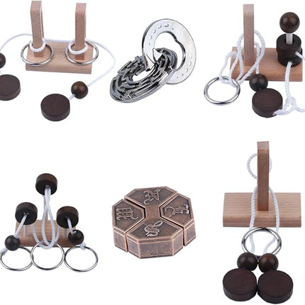 Wooden and Metal 3D Unlock Interlock Assorted Brain Teasers Puzzles，IQ Logic Training Family Game Party Favor Coffee Table Time Unlock Interlock Mind Puzzles Box（6Pcs）