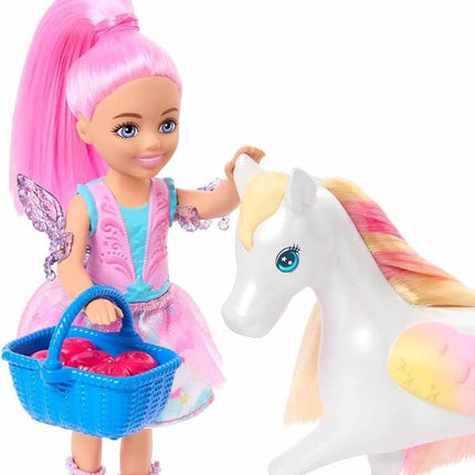 Barbie A Touch of Magic Chelsea Small Doll & Pegasus Playset with Stable, Slide, Pet Bunny 10+ Accessories, Color-Change Winged Horse Toy