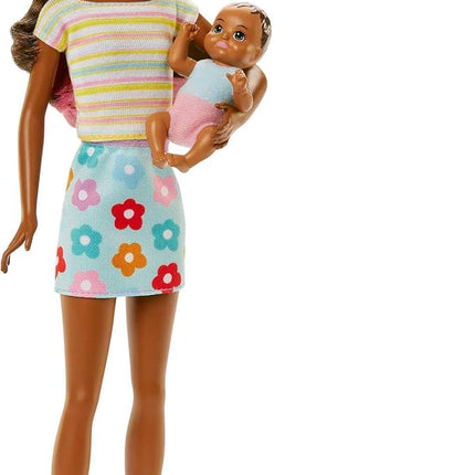 Barbie Skipper Babysitters Inc Doll & Accessories Set with Brunette Doll in Flowered Skirt, Baby Doll & 4 Themed Pieces