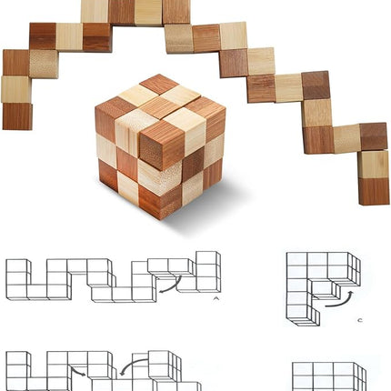 4 Pack Wooden Puzzle Games Brain Teasers Toy- 3D Puzzles for Teens and Adults - Wooden Logic Puzzle Wood Snake Cube Magic Cube Magic Ball Brain Teaser Intellectual Removing Assembling Toy