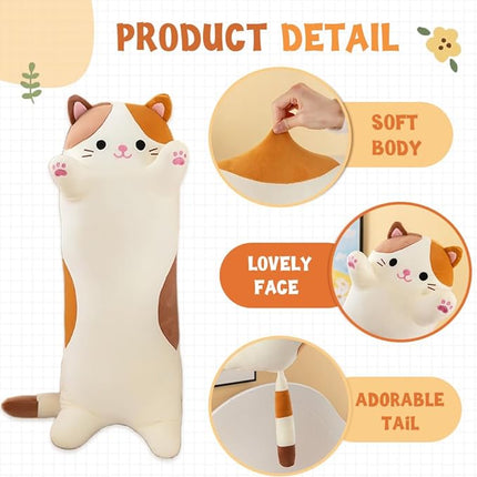 Cat Plush Stuffed Animals Cute Long Cat Body Pillow Plushies Soft Huggable Kitty Pillows for Girls Kids Adults Cat Lovers (New Beige, 27inch)