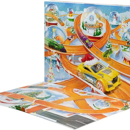 Hot Wheels Toy Cars, 2024 Advent Calendar, 8 1:64 Scale Cars, 16 Winter-Themed Accessories Behind 24 Numbered Doors & a Playmat