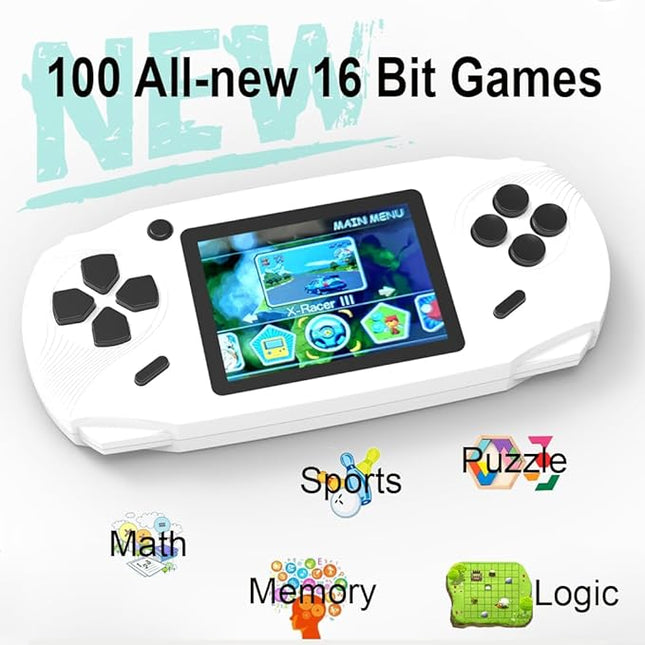 16 Bit Handheld Games for Kids Adults 3.0'' Large Screen Preloaded 100 HD Classic Retro Video Games USB Rechargeable Seniors Electronic Game Player Birthday Xmas Present (White)