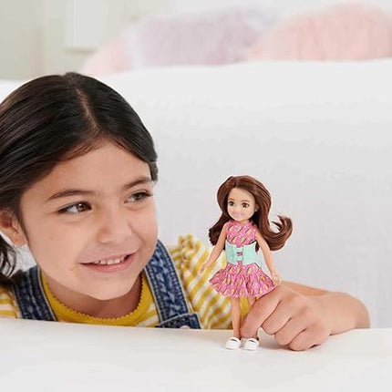 Barbie Chelsea Doll, Small Doll with Brace for Scoliosis Spine Curvature, Brunette Wearing Pink Lightning Bolt Dress