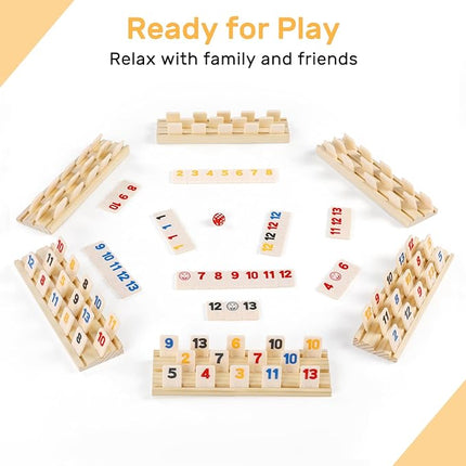 Rummy Cube 6 Player Edition with 6 Wooden Racks/Trays, 160 Large Numbers Rummy Tiles Set with Zippered Case, Rummy Travel Game Set with 6 Tiles Holders - Classic Board Games for Family Adults Kids