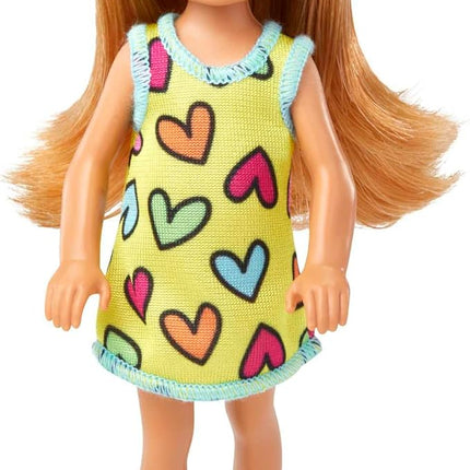 Barbie Chelsea Small Doll in Yellow Heart-Print Dress & Sneakers with Blonde Ponytail & Blue Eyes
