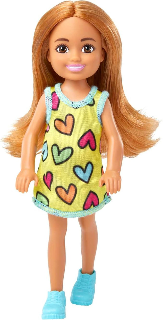 Barbie Chelsea Small Doll in Yellow Heart-Print Dress & Sneakers with Blonde Ponytail & Blue Eyes