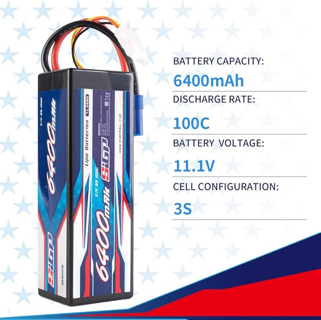 3S 11.1V Lipo Battery 6400mAh 100C Hard Case with EC5 Plug for RC Car Truck Boat Vehicles Tank Buggy Racing Hobby 2 Packs