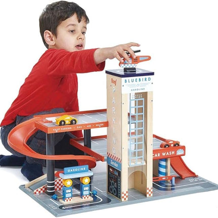 Tender Leaf Toys - Blue Bird Service Station - Classic Wooden Garage and Service Station for Cars and Helicopter with Ramps, Petrol Pumps and Car Wash Center - Imaginary and Roleplay for Children 3+