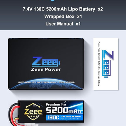 Zeee Premium Pro 2S Lipo Battery 5200mAh 7.4V 130C RC Battery Hard Case with T Plug Compatible with 1/8 1/10 RC Vehicles Car Slash RC Buggy Truggy RC Airplane Racing Models(2 Pack)