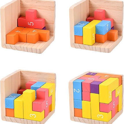 Wooden Puzzle Blocks Brain Teasers Game 3D Building Toy Geometric Wood Shape Puzzles 20Pcs Montessori STEM Educational Toys Gift for Kids Adults