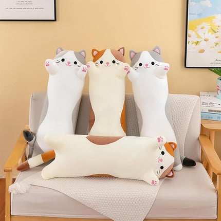 Cat Plush Stuffed Animals Cute Long Cat Body Pillow Plushies Soft Huggable Kitty Pillows for Girls Kids Adults Cat Lovers (New Beige, 27inch)