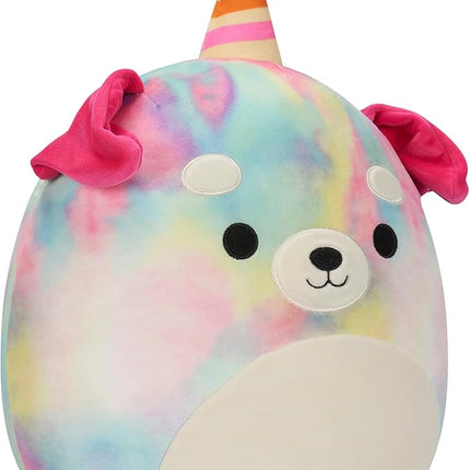 Squishmallows Original 12-Inch Delenne The Rainbow Tie-Dye Dog with Party Hat - Official Jazwares “Happy Birthday” Plush (Medium-Sized)