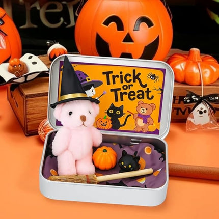 Halloween Bear in a Box for Trick or Treat, Miniature Witcher, Halloween Animal Pocket Hug Surprise Box, Cute Bear in Box with Pumpkin and cat Decorations (White)