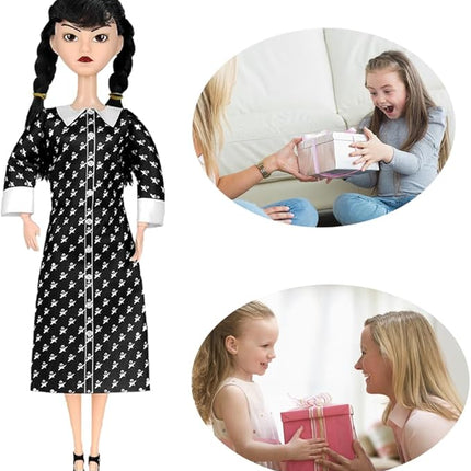11.5'' Addams Doll, Black Dress, High Heels, and Hair, Christmas Decoration Perfect ChristmasToy Gift for Girls & Fans (F)