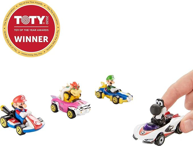 Hot Wheels Mario Kart Set of 4 Die-Cast Toy Cars with Attached Character Drivers, Includes Black Yoshi (Amazon Exclusive)