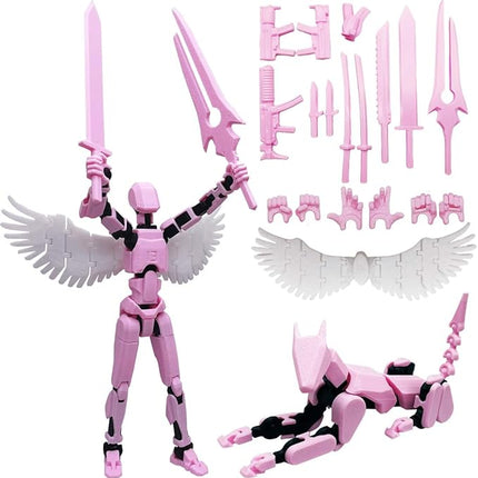 T13 Action Figures Set (Assembly Completed) Dummy 13 Titan 13 Robot Action Figure 3D Printed Robo Multi-Jointed Movable Action Figure Toy with Full Articulation (Pink Black Figure + Dog)