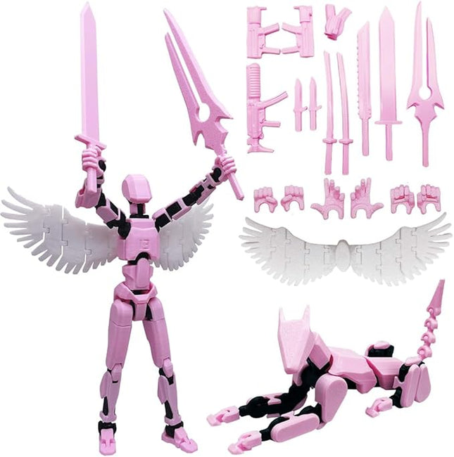 T13 Action Figures Set (Assembly Completed) Dummy 13 Titan 13 Robot Action Figure 3D Printed Robo Multi-Jointed Movable Action Figure Toy with Full Articulation (Pink Black Figure + Dog)