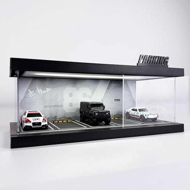 1/64 Model Car Display Case - Compatible with Hot Wheels Matchbox Mini GT Diecast Cars,Acrylic Box for Toy Cars Display Décor and Storage,Stackable Garage Diorama with LED Lights(1T-86)